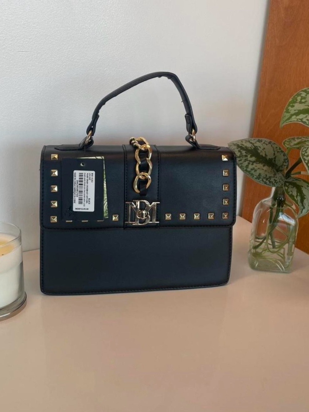 Badgley Mischka Black Satchel with Gold Chain and Studs